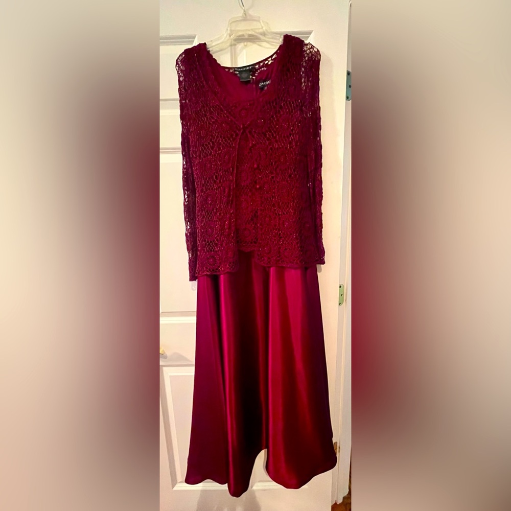 Elegant Burgundy Dress with Overlay and Jacket